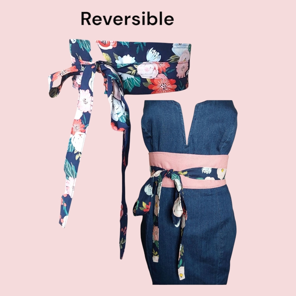 Reversible Pink  Floral  Belt .Adjustable Waist Tie.